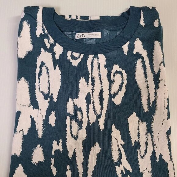 ZARA MAN KNIT Short Sleeve Crew Neck T-Shirt Casual sz S animal print teal green - Picture 1 of 3